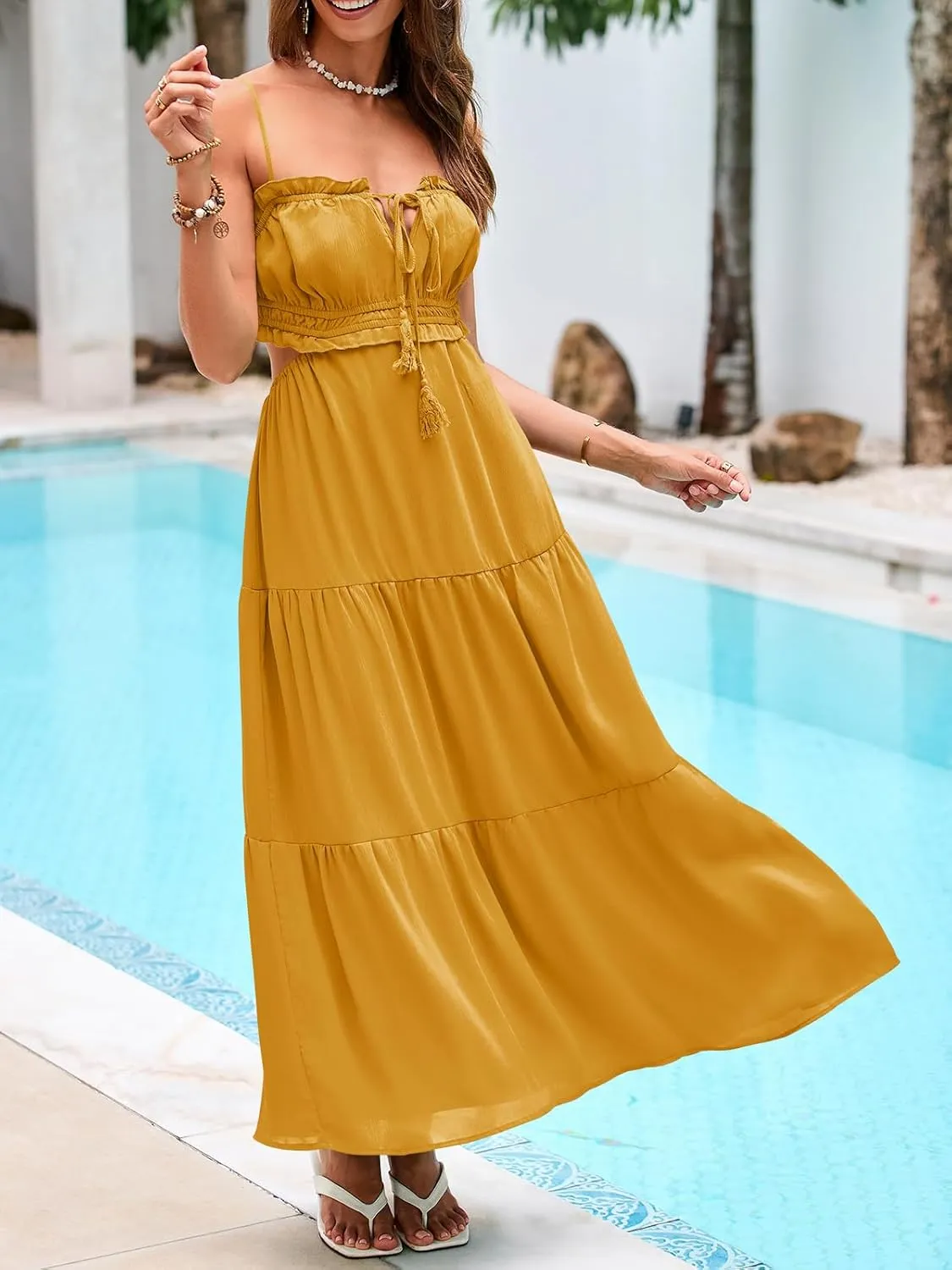 Fisoew Women's Spaghetti Strap Maxi Dress Summer Sleeveless Side Cut Out Dress Casual Boho Backless Flowy Long Dresses