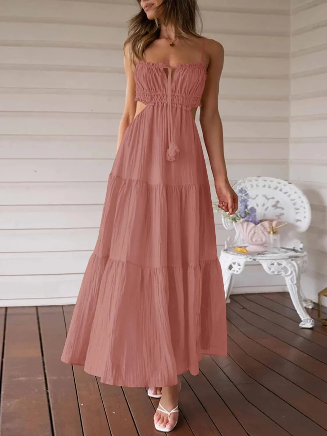 Fisoew Women's Spaghetti Strap Maxi Dress Summer Sleeveless Side Cut Out Dress Casual Boho Backless Flowy Long Dresses