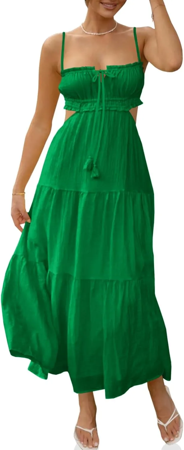 Fisoew Women's Spaghetti Strap Maxi Dress Summer Sleeveless Side Cut Out Dress Casual Boho Backless Flowy Long Dresses