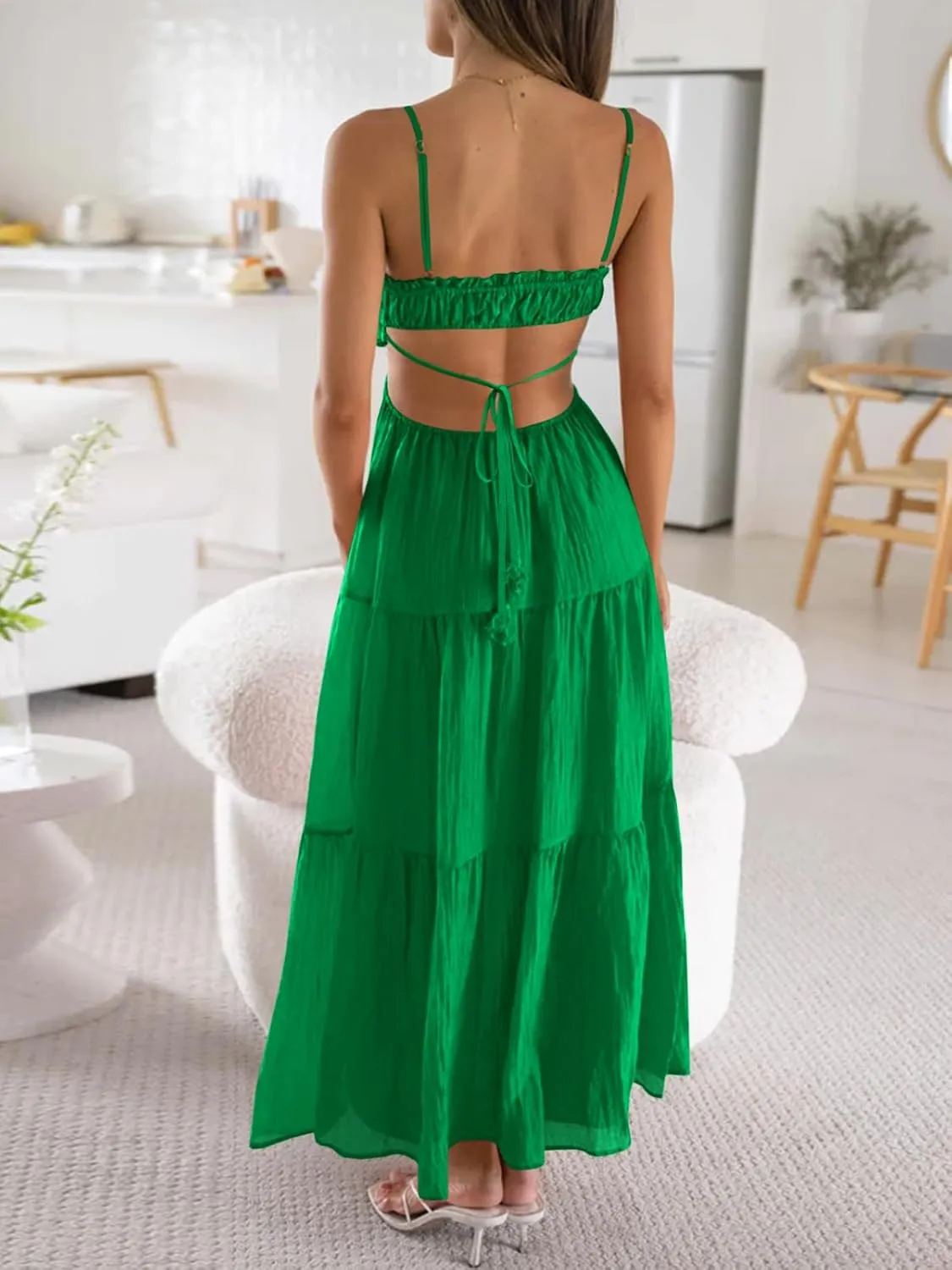 Fisoew Women's Spaghetti Strap Maxi Dress Summer Sleeveless Side Cut Out Dress Casual Boho Backless Flowy Long Dresses