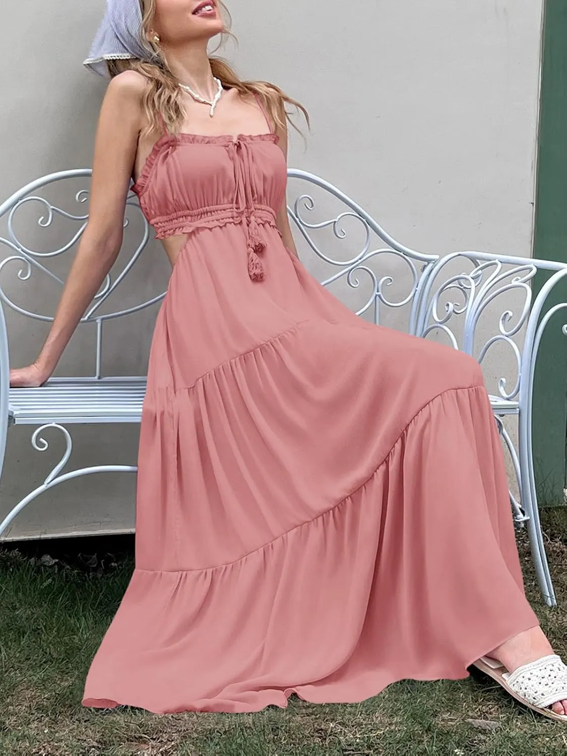 Fisoew Women's Spaghetti Strap Maxi Dress Summer Sleeveless Side Cut Out Dress Casual Boho Backless Flowy Long Dresses