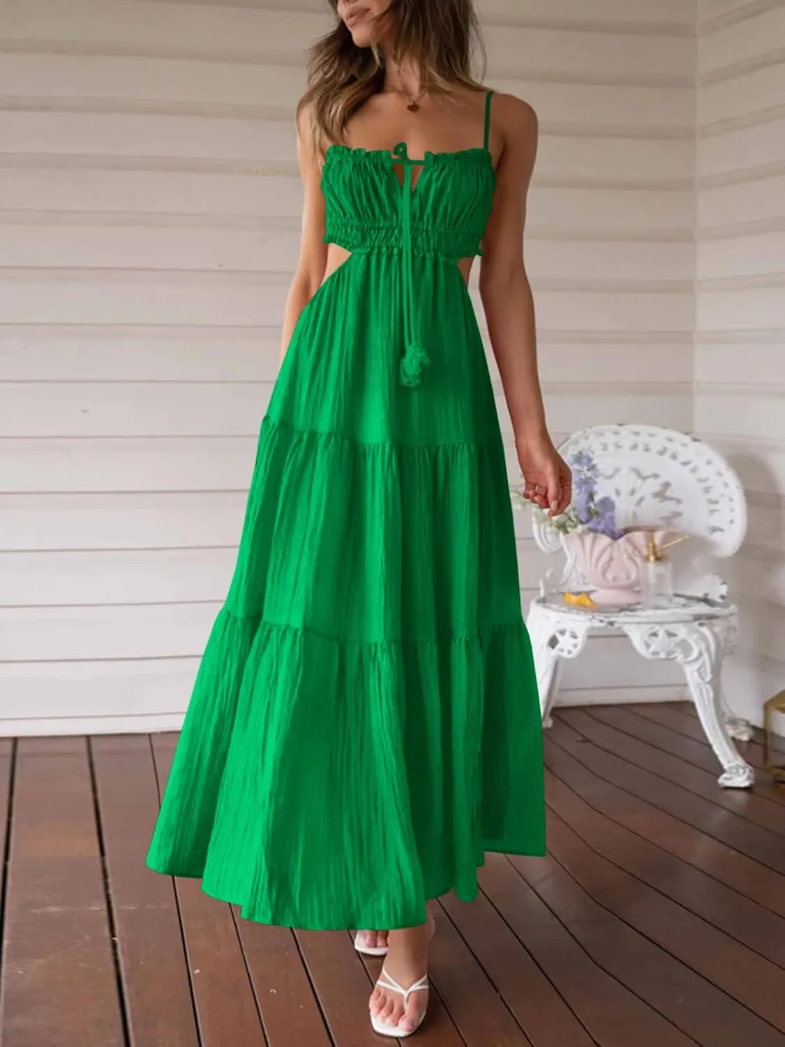 Fisoew Women's Spaghetti Strap Maxi Dress Summer Sleeveless Side Cut Out Dress Casual Boho Backless Flowy Long Dresses