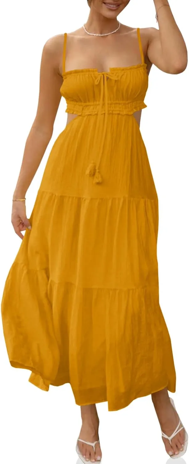 Fisoew Women's Spaghetti Strap Maxi Dress Summer Sleeveless Side Cut Out Dress Casual Boho Backless Flowy Long Dresses