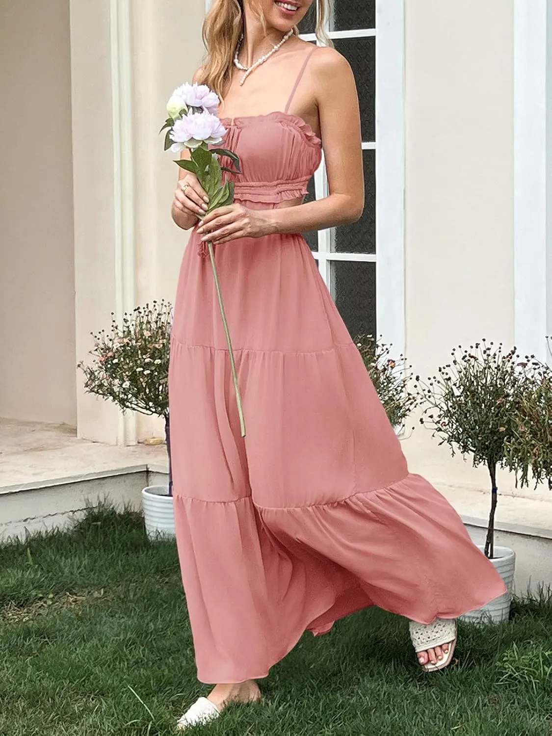 Fisoew Women's Spaghetti Strap Maxi Dress Summer Sleeveless Side Cut Out Dress Casual Boho Backless Flowy Long Dresses