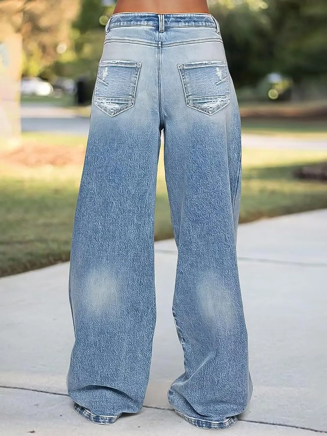 Flamingals Wide Leg Jeans for Women Mid Waist Baggy Stitch Decor Denim Washed Pants Without Belt
