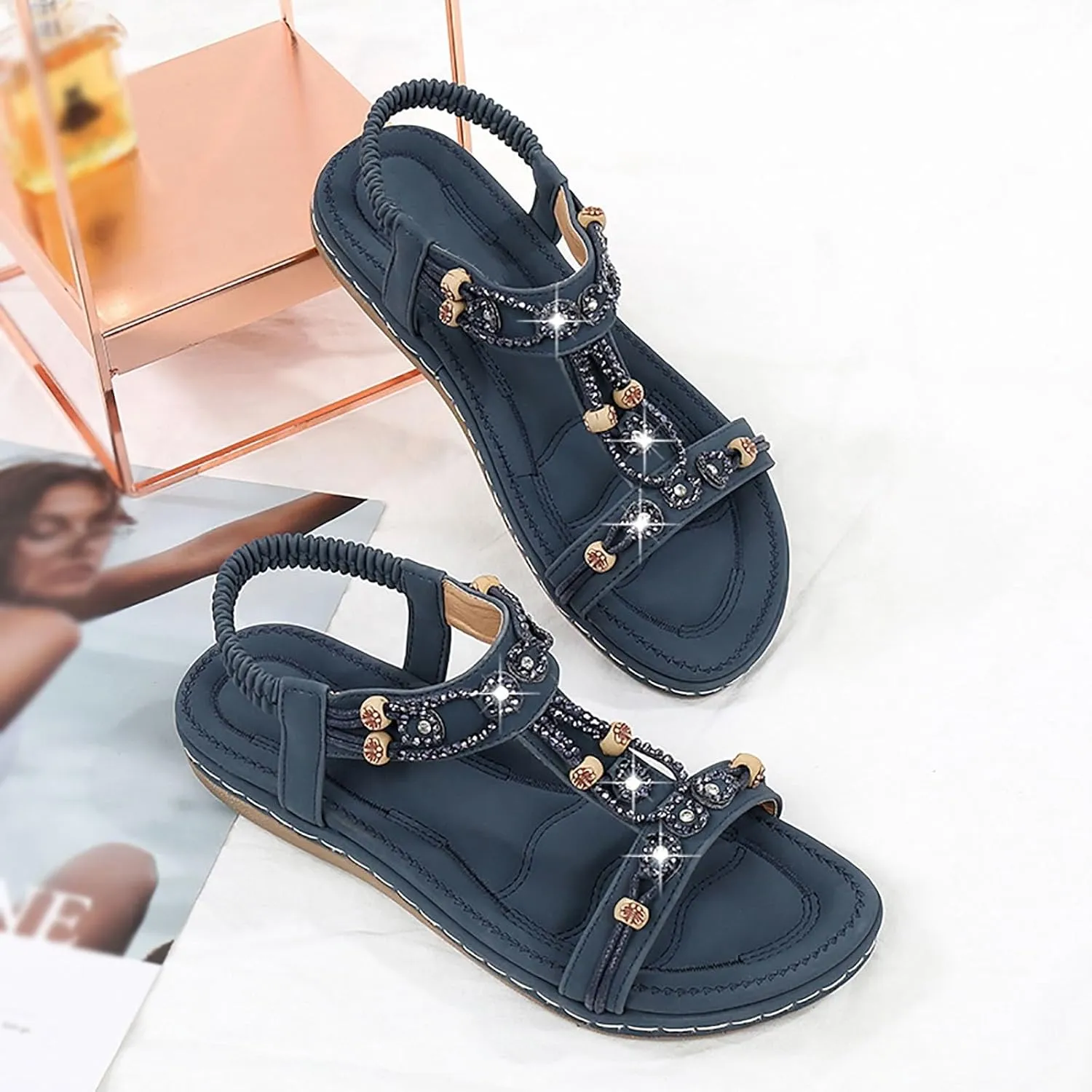 Flat Sandals for Women Dressy Wide Sparkly Rhinestone Strappy Flat Sandals Bridal Wedding Dress Shoes Fashion Sandals