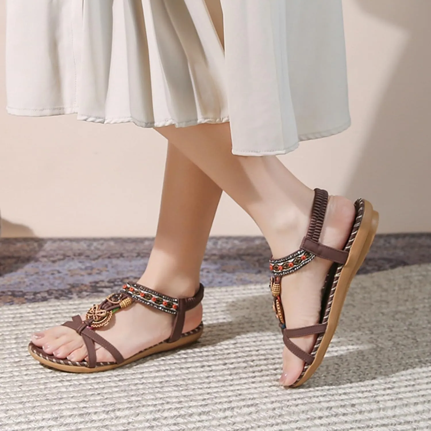 Flat Sandals for Women Dressy Wide Sparkly Rhinestone Strappy Flat Sandals Bridal Wedding Dress Shoes Fashion Sandals