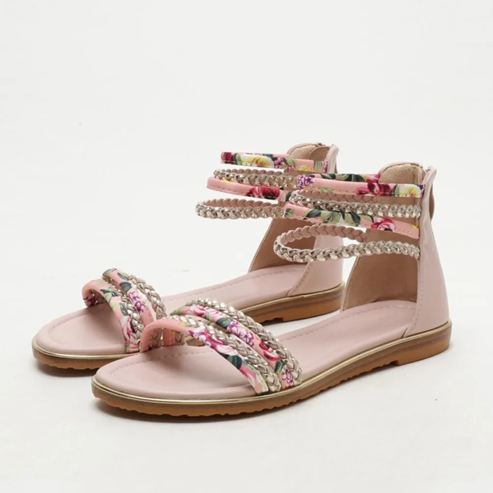 Flats Sandals Printed Braided PU With Zipper Closure Heel Sandal For Women Summer Dressy