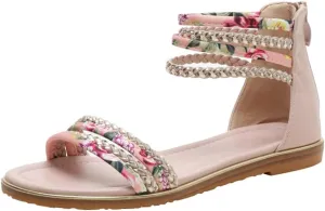 Flats Sandals Printed Braided PU With Zipper Closure Heel Sandal For Women Summer Dressy