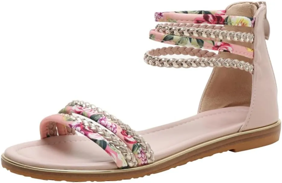 Flats Sandals Printed Braided PU With Zipper Closure Heel Sandal For Women Summer Dressy