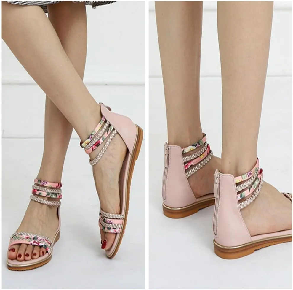 Flats Sandals Printed Braided PU With Zipper Closure Heel Sandal For Women Summer Dressy