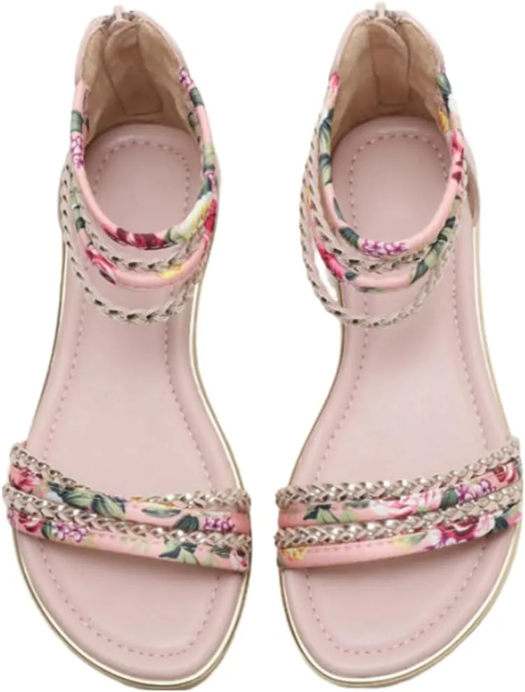 Flats Sandals Printed Braided PU With Zipper Closure Heel Sandal For Women Summer Dressy