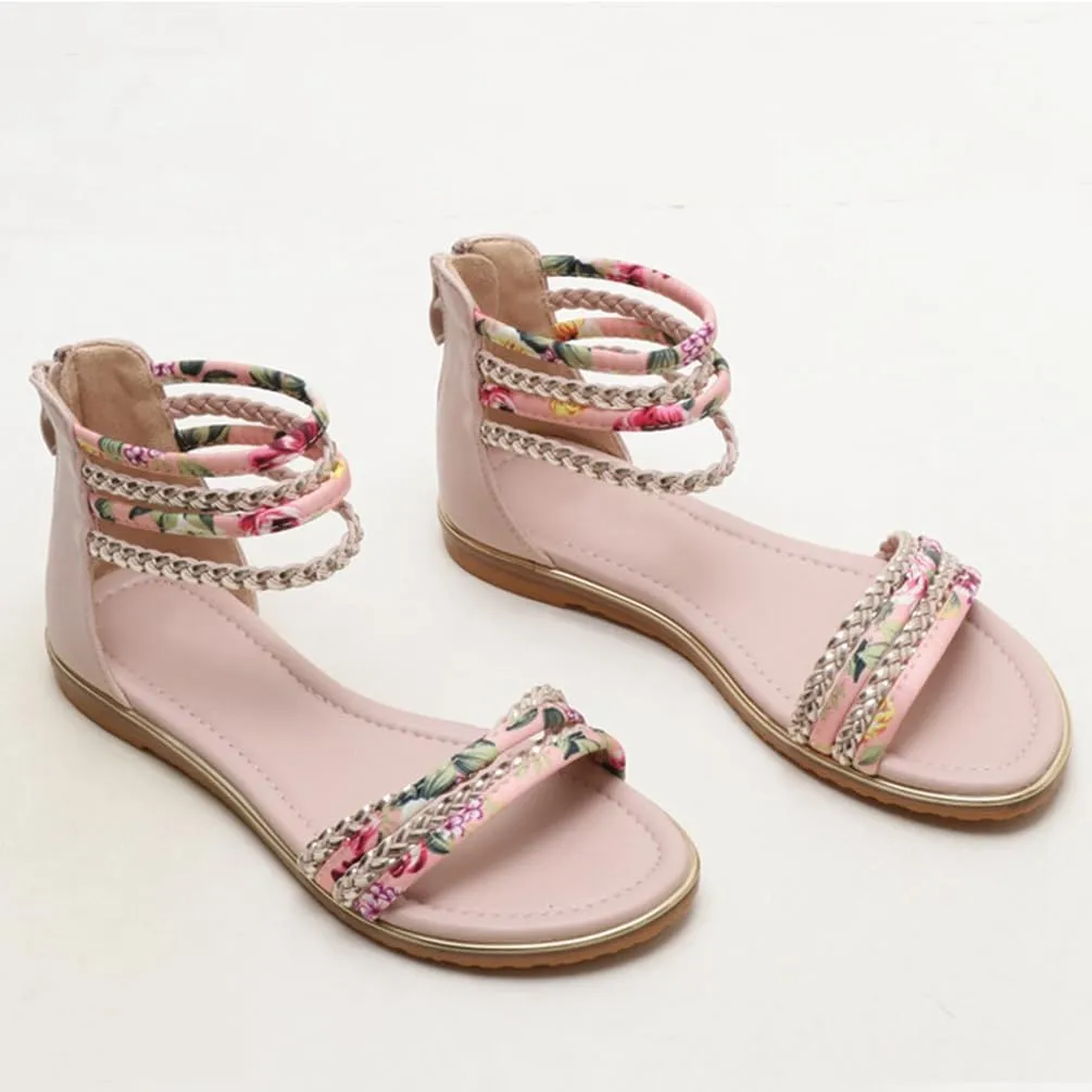 Flats Sandals Printed Braided PU With Zipper Closure Heel Sandal For Women Summer Dressy