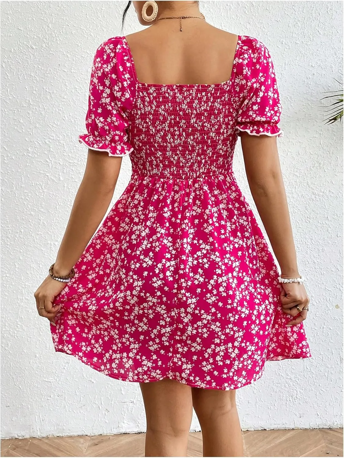 Floerns Women's Floral Puff Sleeve Boho Dress Vacation Ruched Bust A Line Dresses
