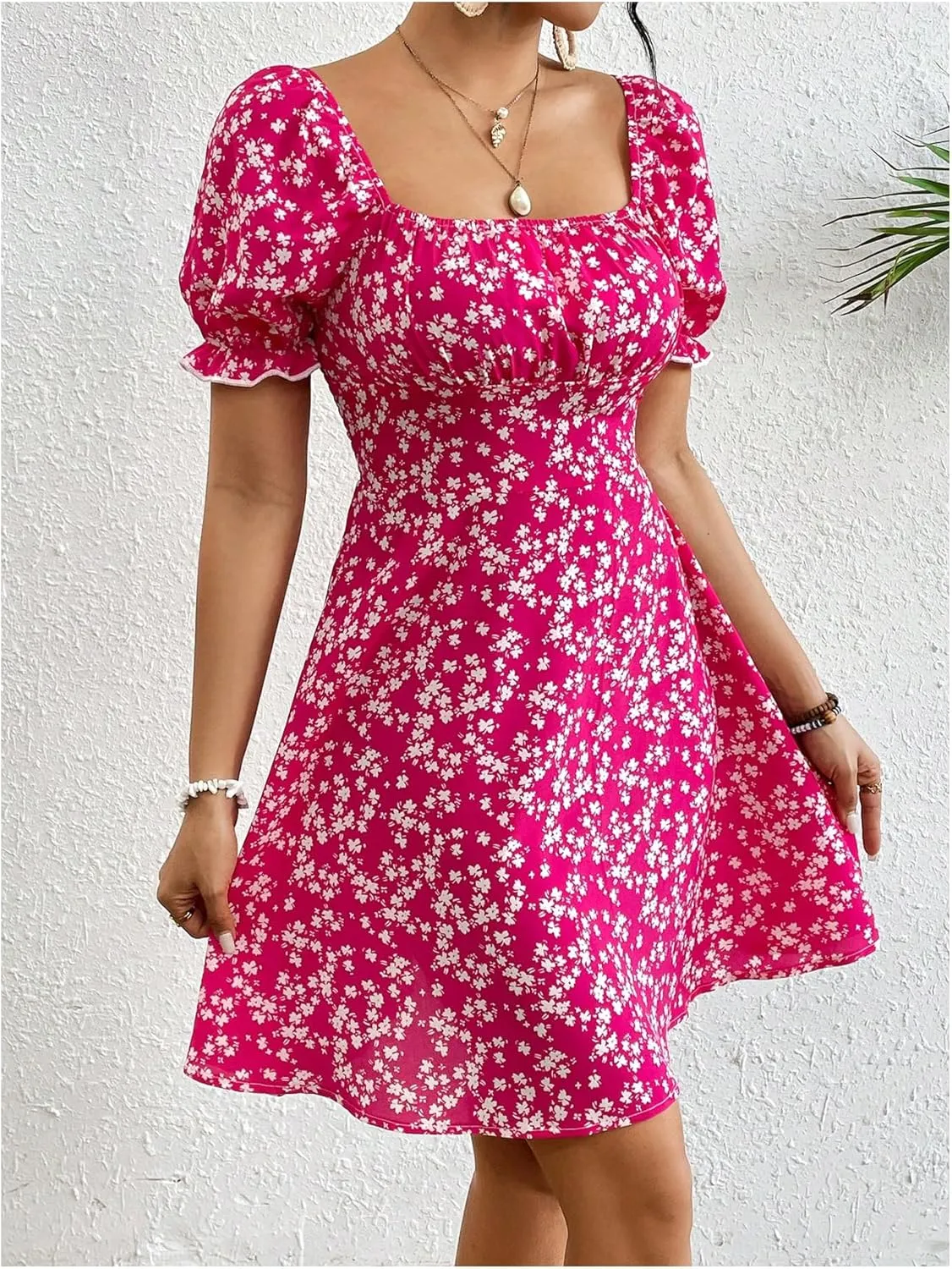 Floerns Women's Floral Puff Sleeve Boho Dress Vacation Ruched Bust A Line Dresses