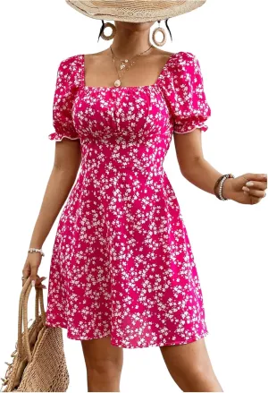 Floerns Women's Floral Puff Sleeve Boho Dress Vacation Ruched Bust A Line Dresses