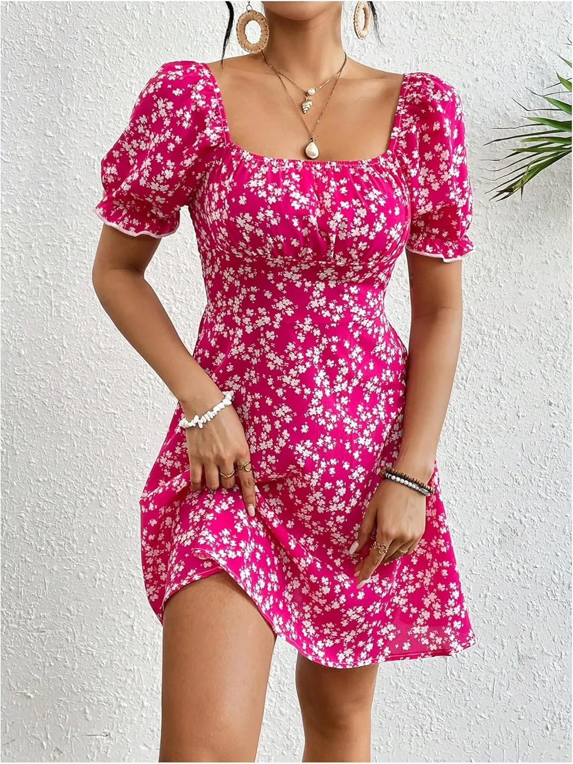 Floerns Women's Floral Puff Sleeve Boho Dress Vacation Ruched Bust A Line Dresses
