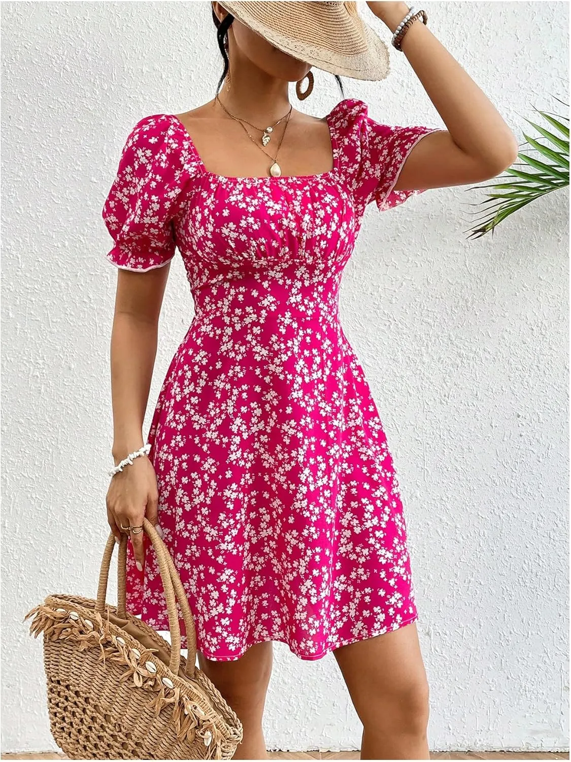 Floerns Women's Floral Puff Sleeve Boho Dress Vacation Ruched Bust A Line Dresses
