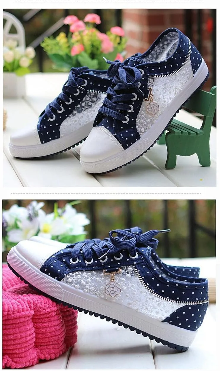 Floral Polka Dot Canvas Casual Shoes Korean Style Breathable Mesh Sneakers for Women Students Lightweight Slip-On