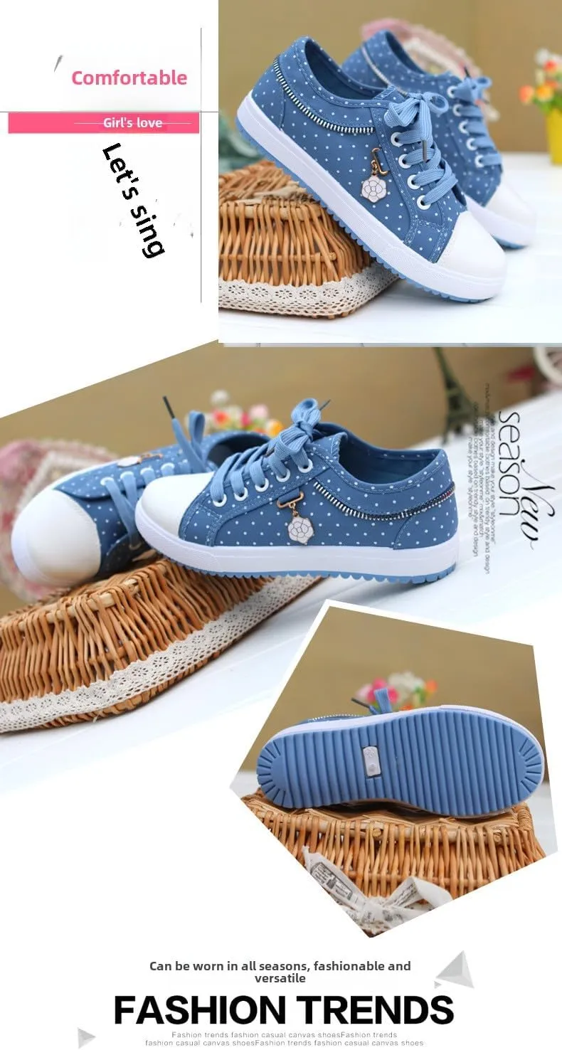 Floral Polka Dot Canvas Casual Shoes Korean Style Breathable Mesh Sneakers for Women Students Lightweight Slip-On