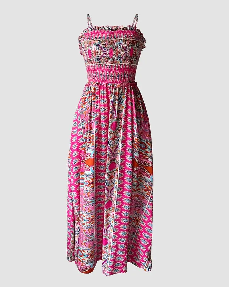 Floral Print Spaghetti Strap Shirred Long Dress Casual Flowy A Line Vacation Dress
