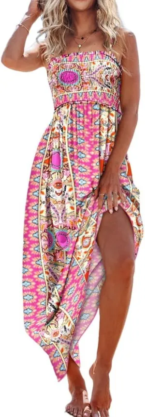 Floral Print Spaghetti Strap Shirred Long Dress Casual Flowy A Line Vacation Dress
