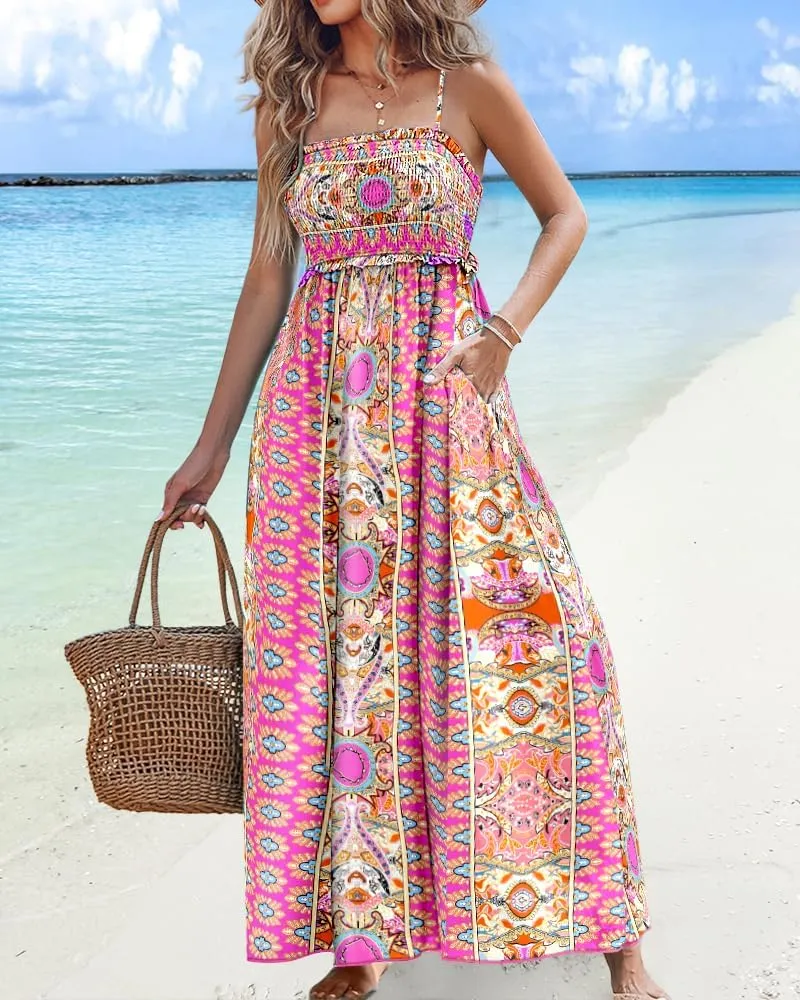 Floral Print Spaghetti Strap Shirred Long Dress Casual Flowy A Line Vacation Dress