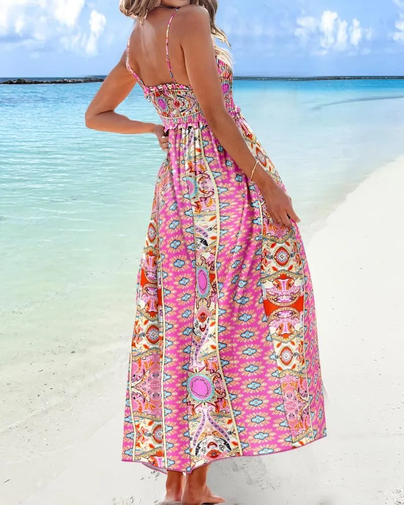 Floral Print Spaghetti Strap Shirred Long Dress Casual Flowy A Line Vacation Dress