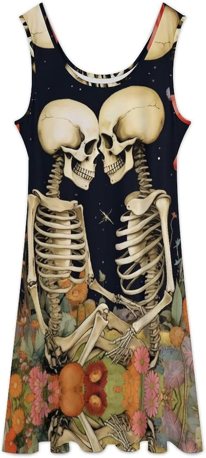 Flower with Skeleton Couple Funny Women's Casual Sleeveless Dress Long Maxi Sundress Tank Dresses