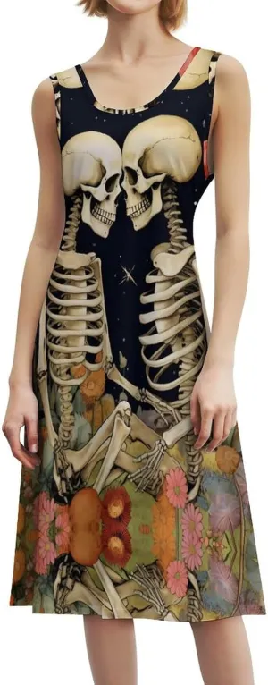 Flower with Skeleton Couple Funny Women's Casual Sleeveless Dress Long Maxi Sundress Tank Dresses