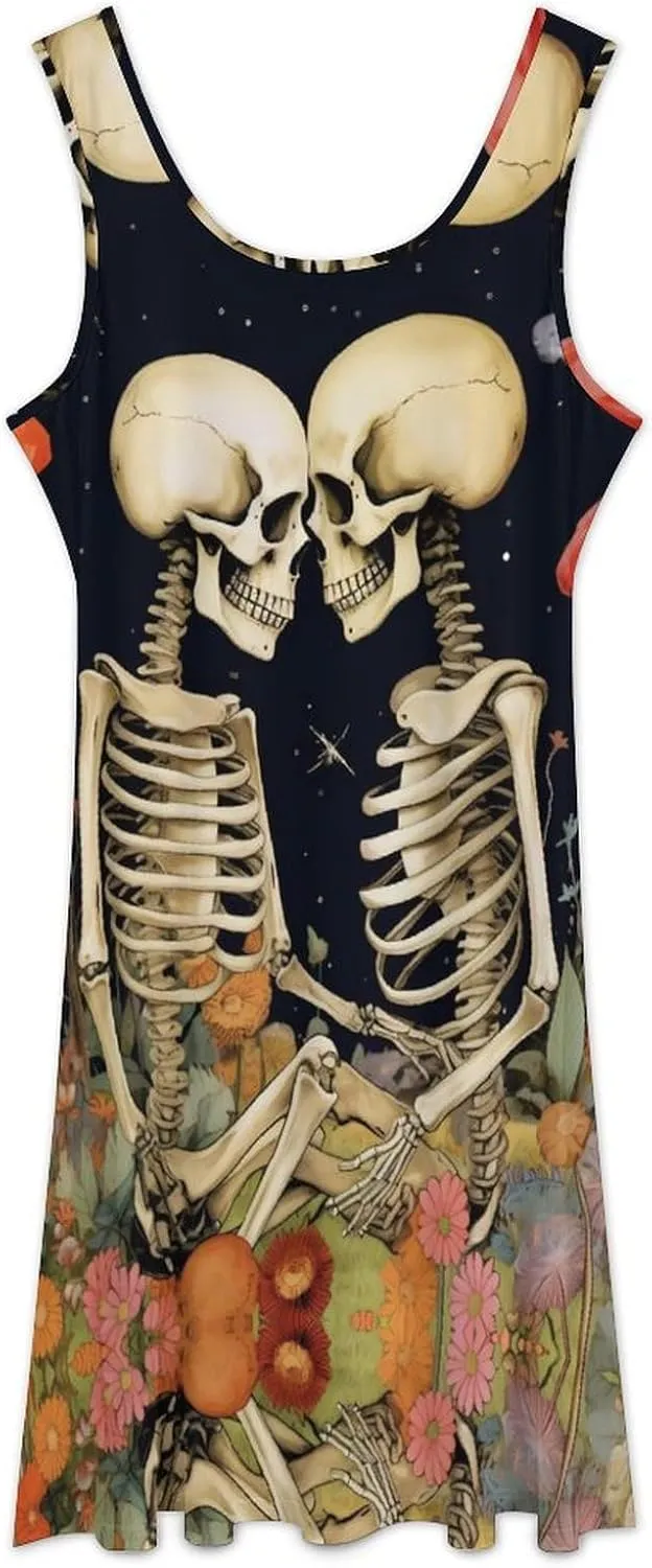 Flower with Skeleton Couple Funny Women's Casual Sleeveless Dress Long Maxi Sundress Tank Dresses