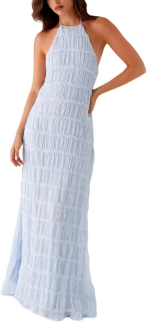 Flowy Boho Beach Dress for Women Halter Backless Smocked Vacation Long Dress Sexy Off Shoulder Resort Maxi Sundress