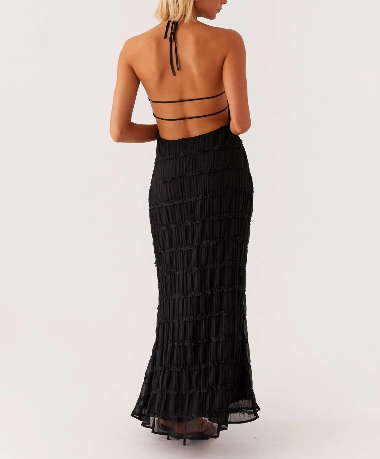 Flowy Boho Beach Dress for Women Halter Backless Smocked Vacation Long Dress Sexy Off Shoulder Resort Maxi Sundress