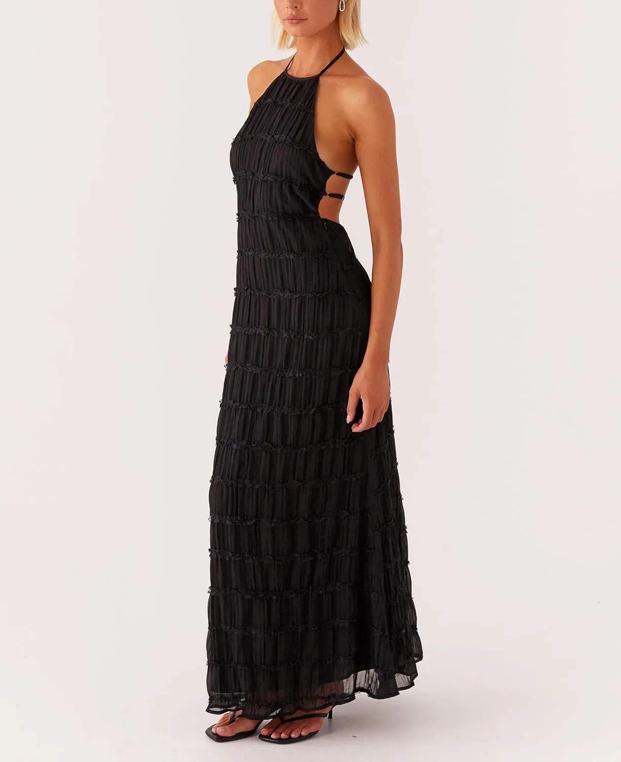 Flowy Boho Beach Dress for Women Halter Backless Smocked Vacation Long Dress Sexy Off Shoulder Resort Maxi Sundress
