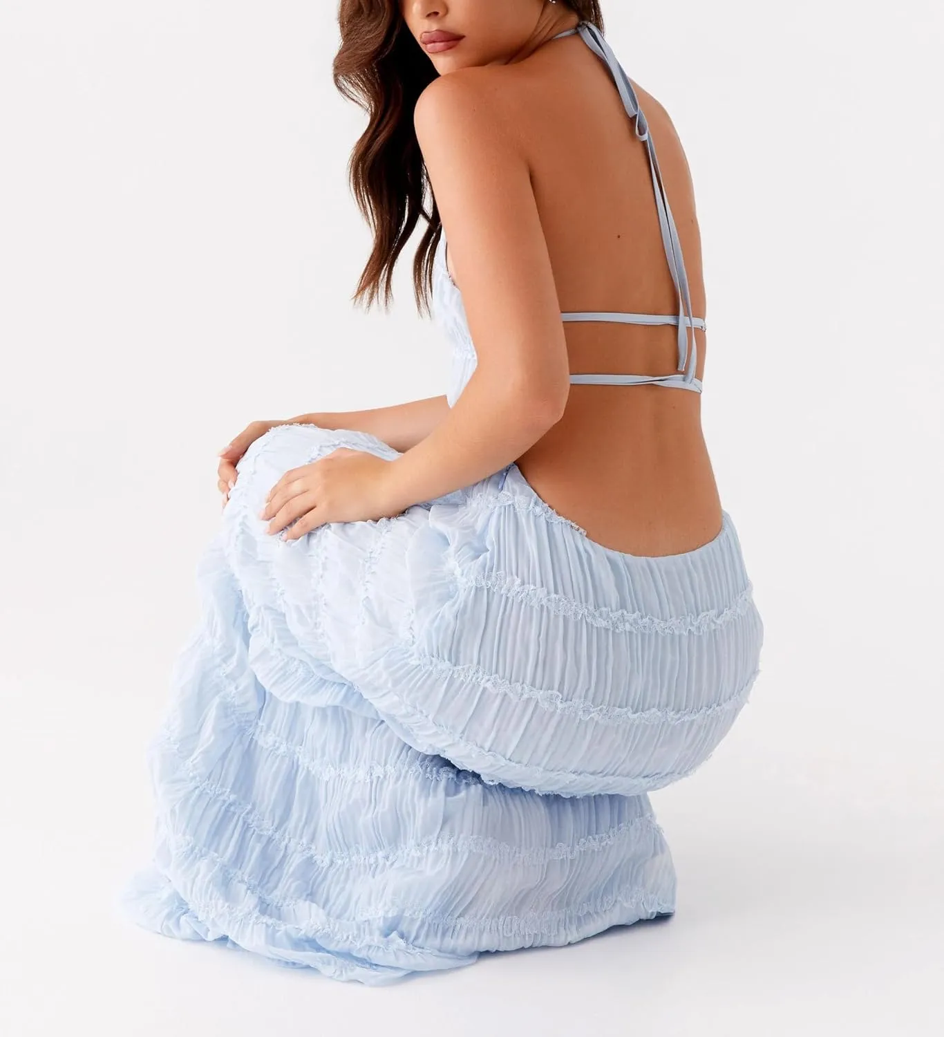 Flowy Boho Beach Dress for Women Halter Backless Smocked Vacation Long Dress Sexy Off Shoulder Resort Maxi Sundress