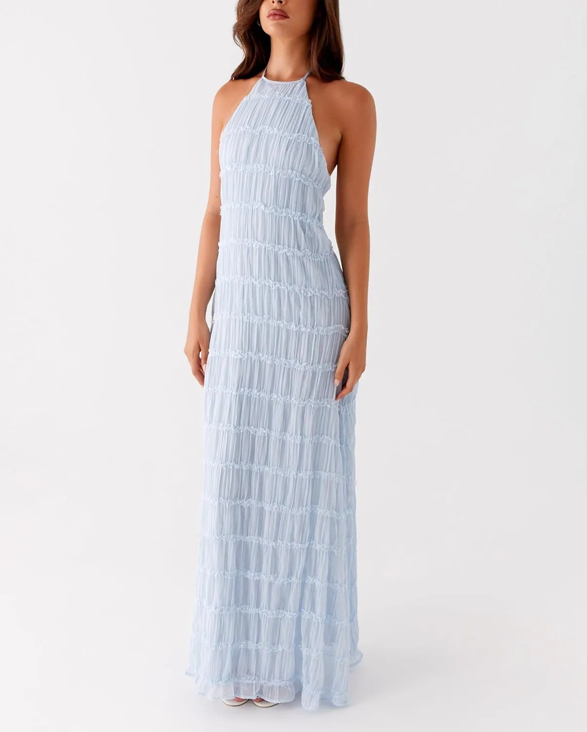 Flowy Boho Beach Dress for Women Halter Backless Smocked Vacation Long Dress Sexy Off Shoulder Resort Maxi Sundress