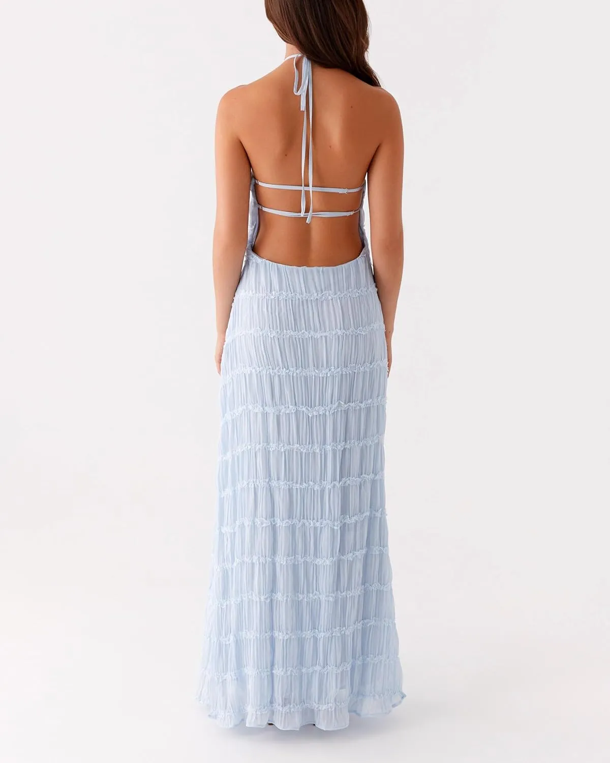 Flowy Boho Beach Dress for Women Halter Backless Smocked Vacation Long Dress Sexy Off Shoulder Resort Maxi Sundress