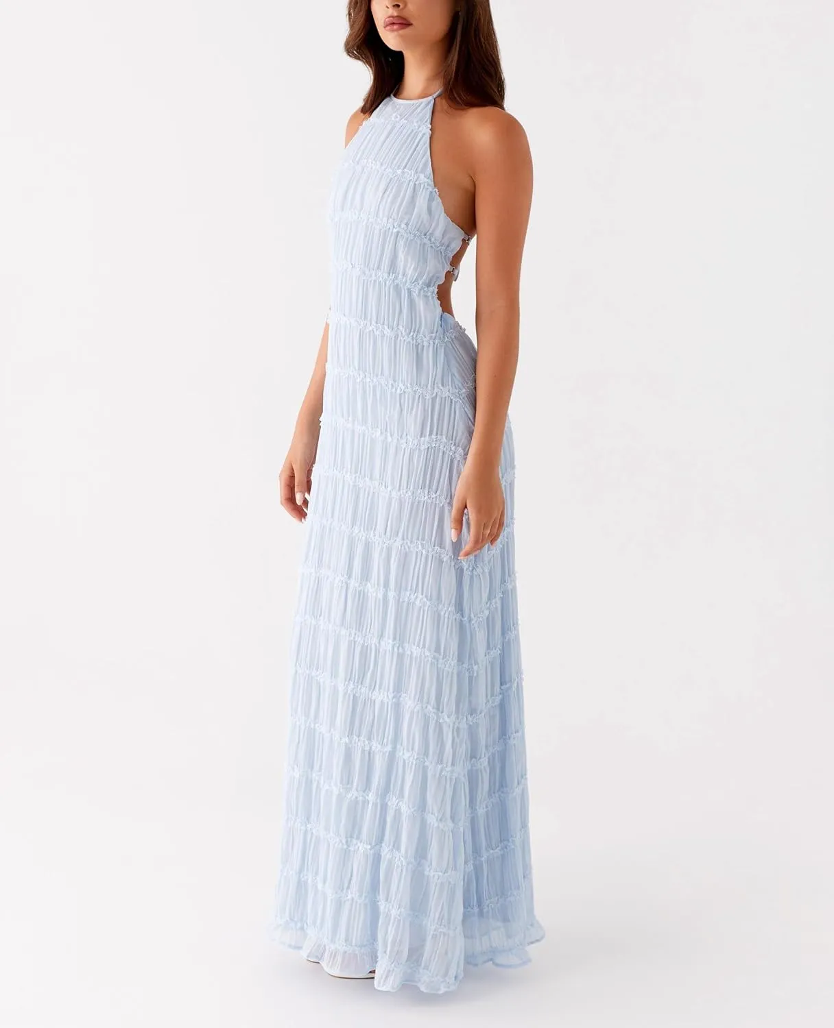 Flowy Boho Beach Dress for Women Halter Backless Smocked Vacation Long Dress Sexy Off Shoulder Resort Maxi Sundress