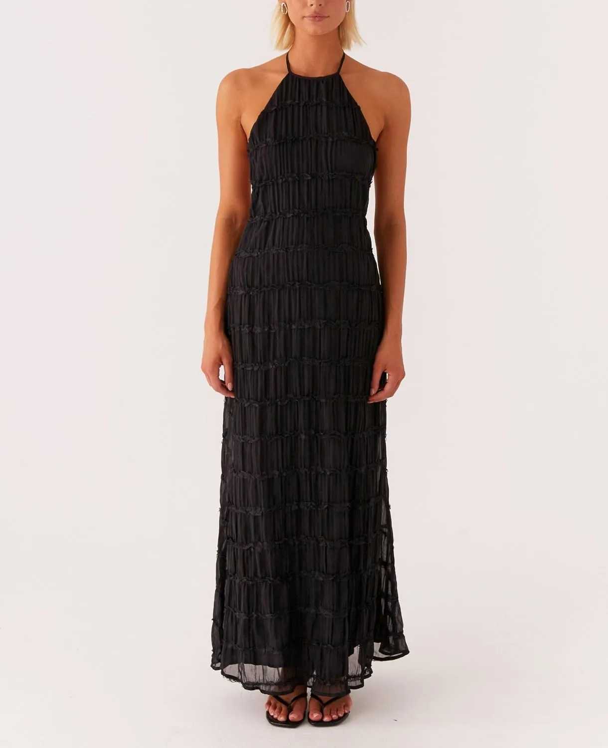 Flowy Boho Beach Dress for Women Halter Backless Smocked Vacation Long Dress Sexy Off Shoulder Resort Maxi Sundress