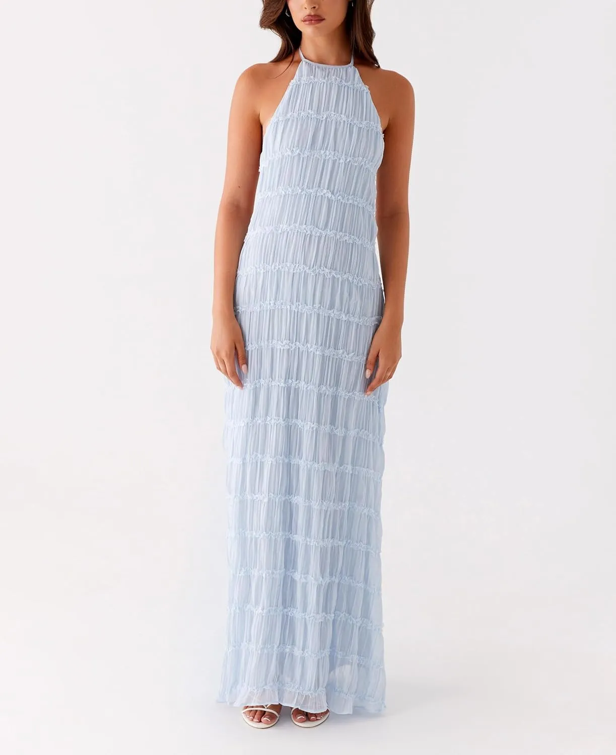 Flowy Boho Beach Dress for Women Halter Backless Smocked Vacation Long Dress Sexy Off Shoulder Resort Maxi Sundress