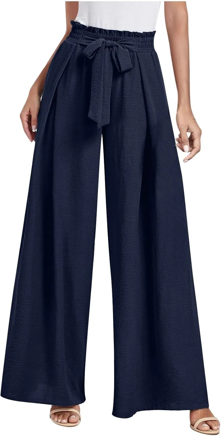 Flowy Wide Leg Pants Woman Business Casual Linen Pants Trousers Ladies Summer High Waisted Work Palazzo Pants