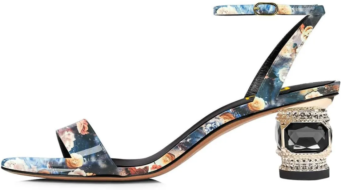 FSJ Women Gorgeous Crystal Low Block Heel Open Toe Ankle Strap Sandals Comfort Wedding Office Party Dress Shoes Size 4-15 US