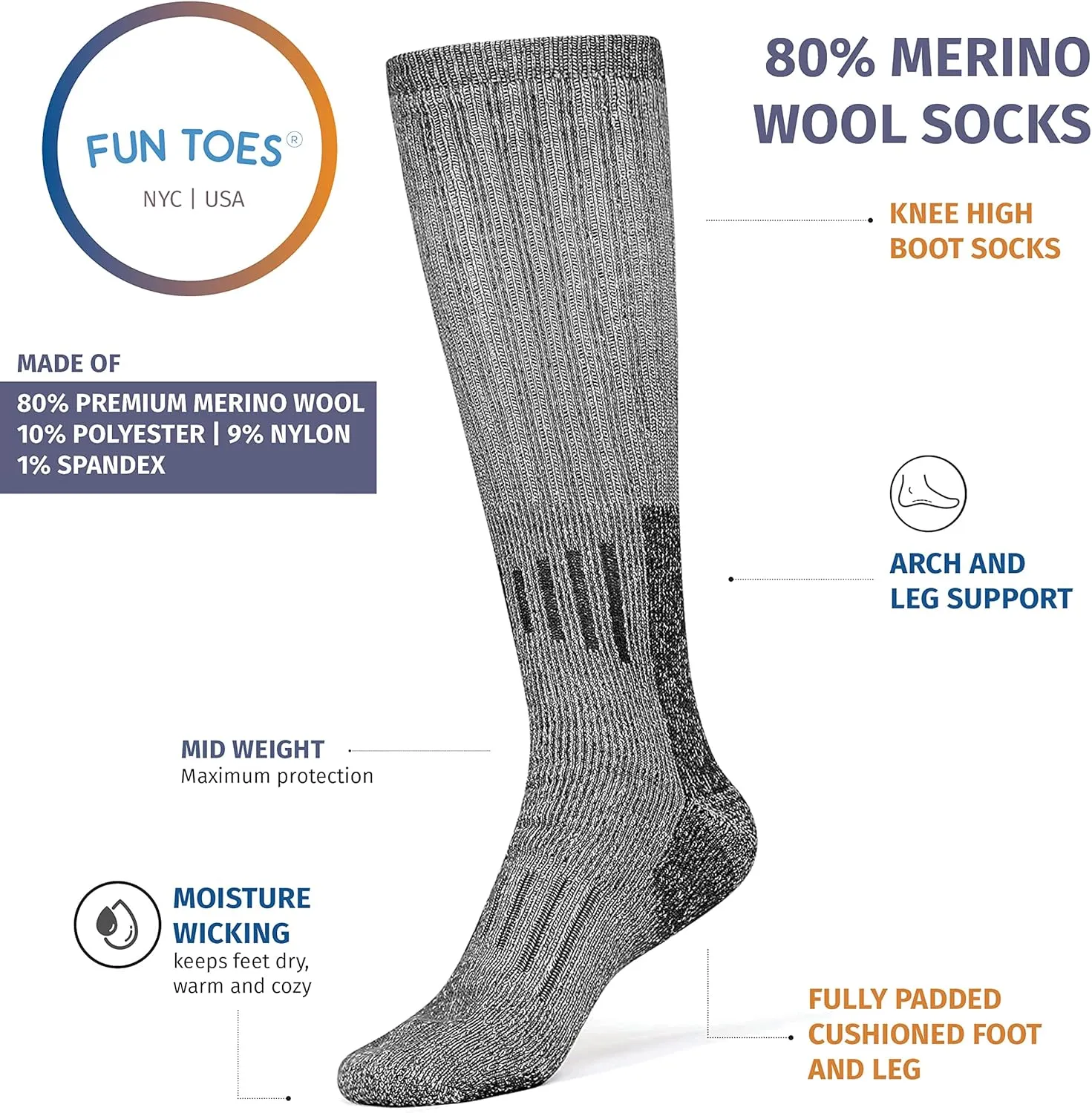 FUN TOES 80% Merino Wool Boot Socks Knee-High Socks, Wool Hiking Socks Perfect for winter in 3 colors 3 Pairs Long Length