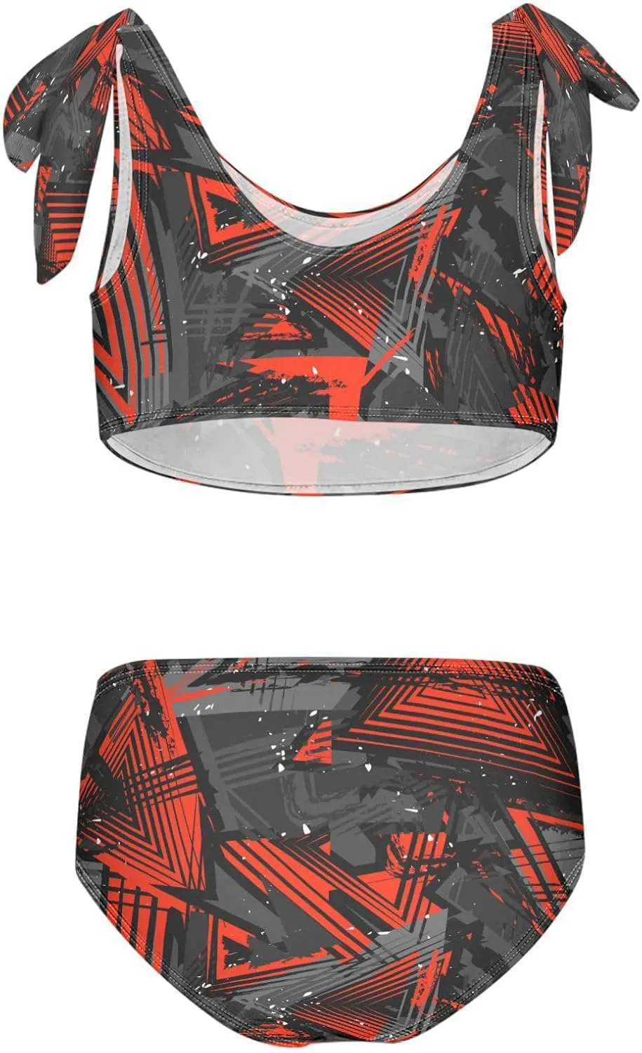 Garbage Pattern Red Girls Tankini Swimsuits Grey Neon Lines Triangles Kids Bikini Sets 2 Pcs Bathing Suit for 3T
