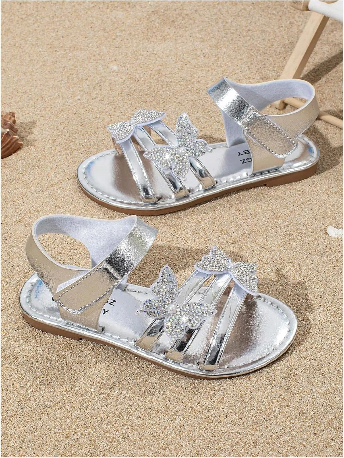 GORGLITTER Girl's Butterfly Sandals Rhinestone Ankle Strap Summer Beach Vacation Flat Sandals