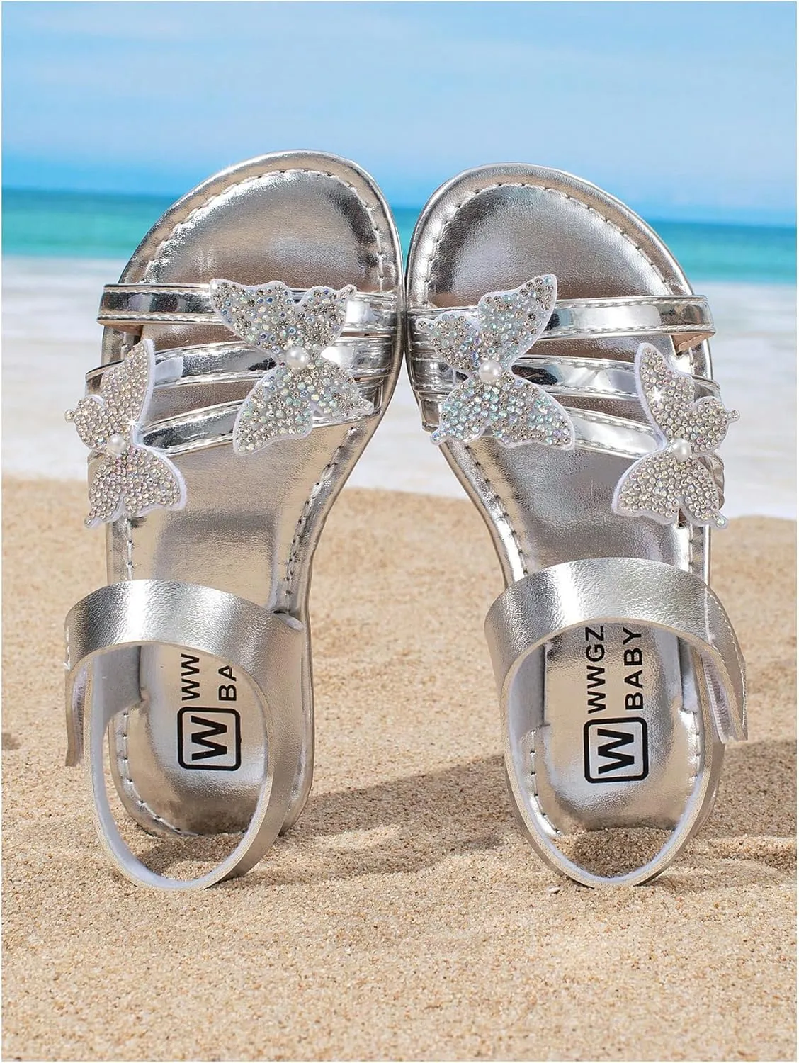 GORGLITTER Girl's Butterfly Sandals Rhinestone Ankle Strap Summer Beach Vacation Flat Sandals