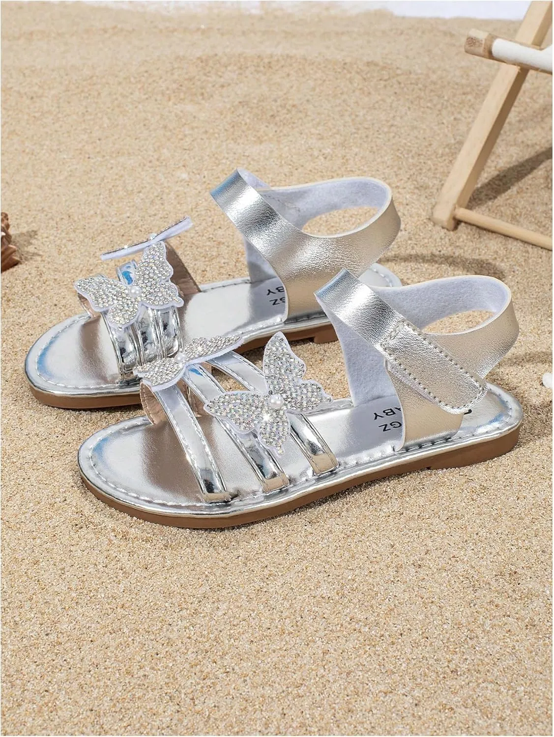GORGLITTER Girl's Butterfly Sandals Rhinestone Ankle Strap Summer Beach Vacation Flat Sandals
