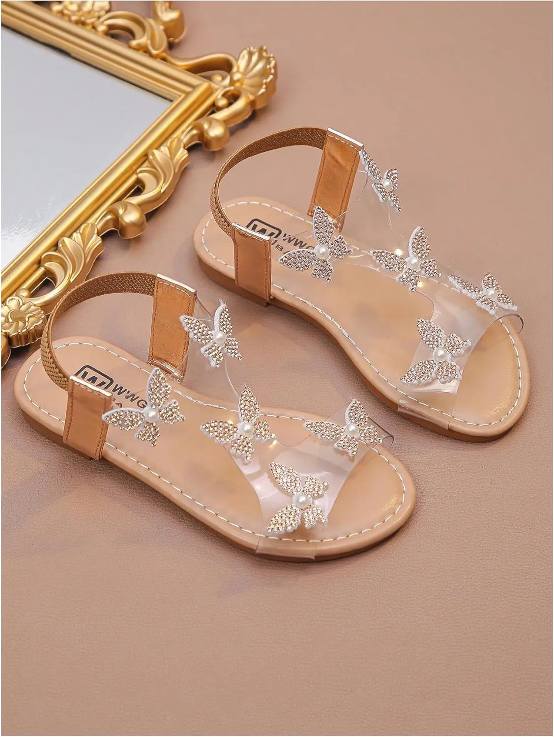 GORGLITTER Girl's Sandals Clear Butterfly Rhinestone Glitter Ankle Strap Flat Sandals Summer Beach Vacation Sandal
