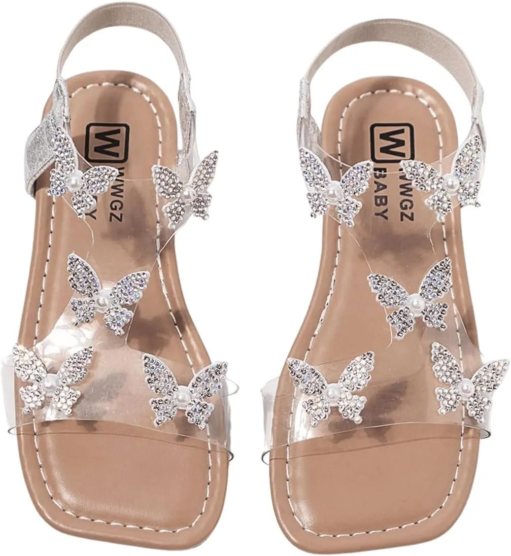 GORGLITTER Girl's Sandals Clear Butterfly Rhinestone Glitter Ankle Strap Flat Sandals Summer Beach Vacation Sandal