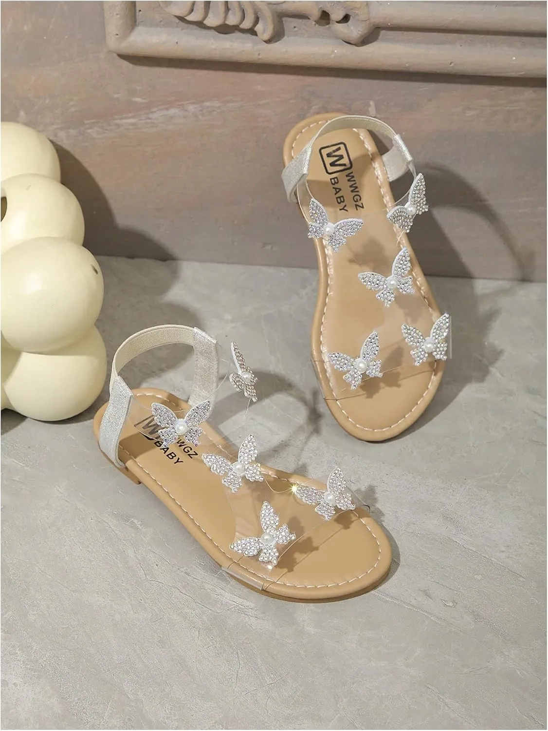 GORGLITTER Girl's Sandals Clear Butterfly Rhinestone Glitter Ankle Strap Flat Sandals Summer Beach Vacation Sandal
